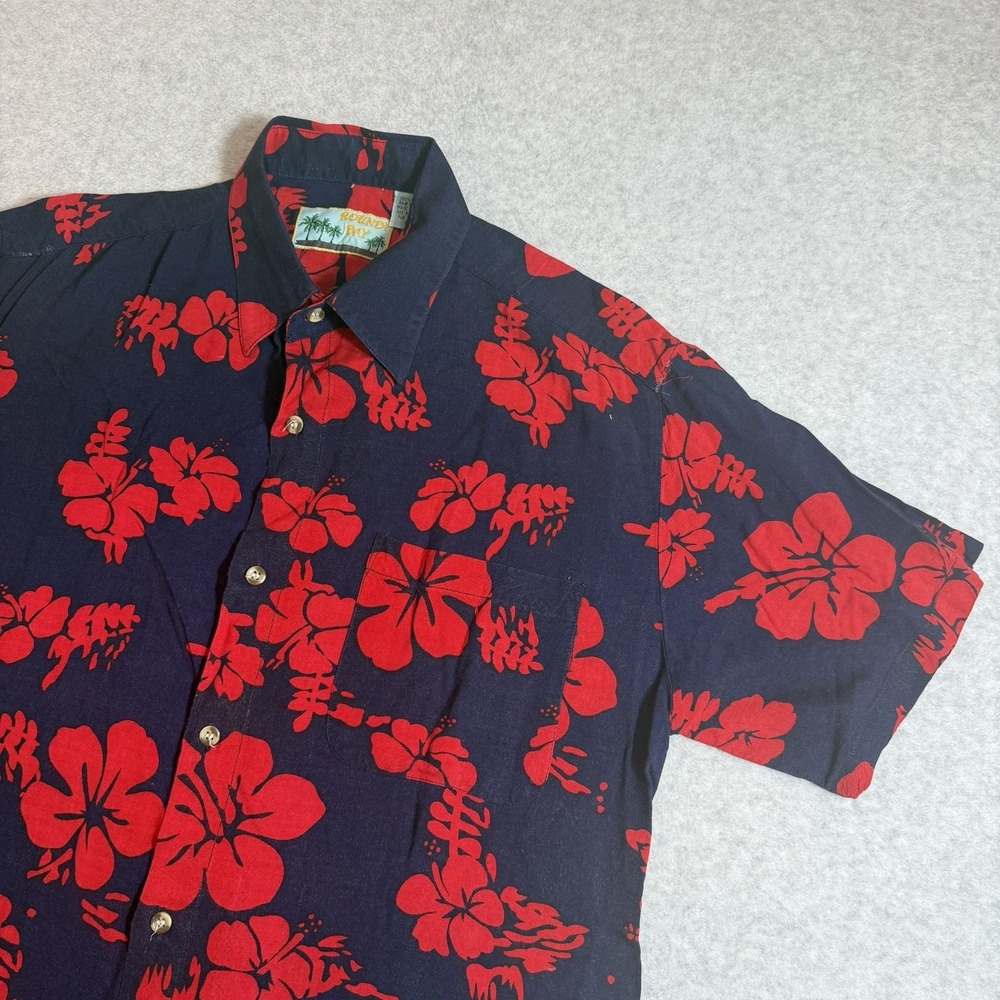 Roundy Bay Mens Short Sleeve Hawaiian Shirt Navy Red Tropical Hibiscus Rayon M
